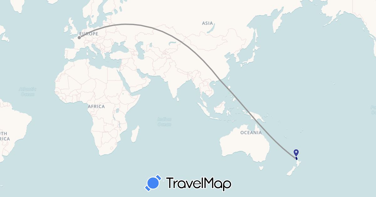 TravelMap itinerary: driving, bus, plane in France, Hong Kong, New Zealand (Asia, Europe, Oceania)